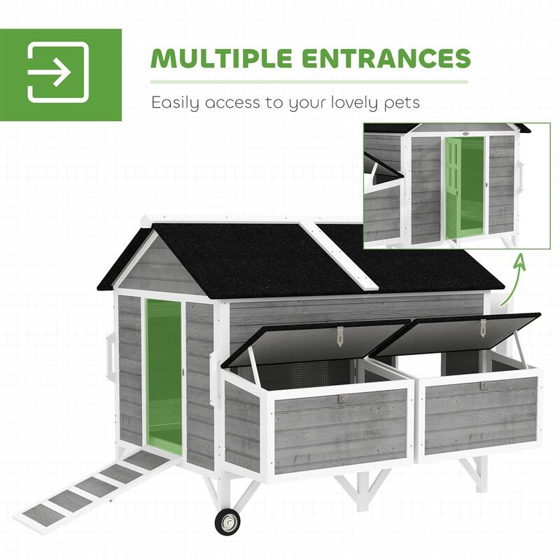 Large Wooden Chicken Coop with 2 Nesting Boxes, Wheels and Ramp - 59.1" W × 53.1" D × 48.2" H