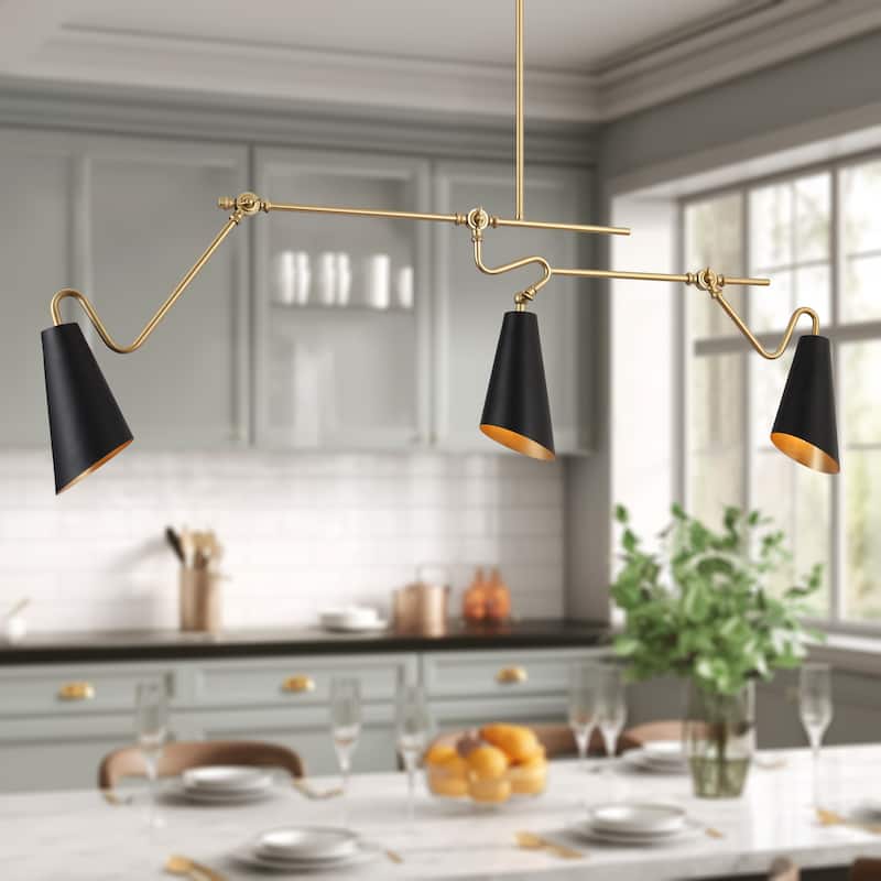 Modern 3-Light 49.5"L Black Gold Linear Chandelier Metal Industrial Island Lights for Dining Room - 49.5 "