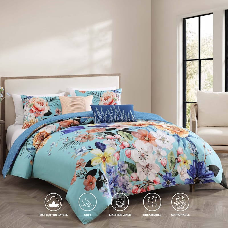 Bebejan Turquoise Reverie 100% Cotton Sateen 5 Piece Reversible Comforter Set