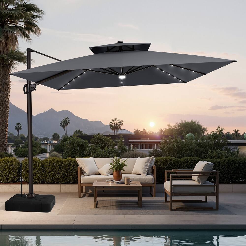 11 FT Outdoor Square Solar-powered LED Double Top Patio Cantilever Offset Umbrella and Base with Wheels and Drag Rod