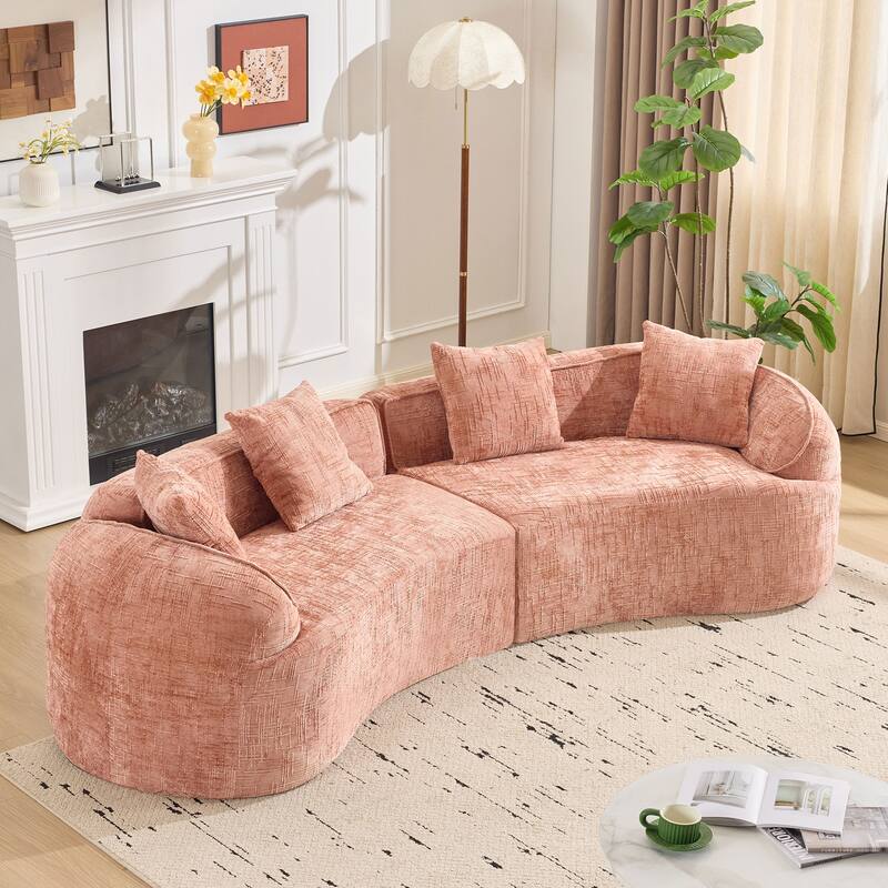 Curved Sectional Sofa with Pillows, Chenille Upholstered 4 Seater Sofa, Full-Compressed Deep Seat Sofa for Living Room