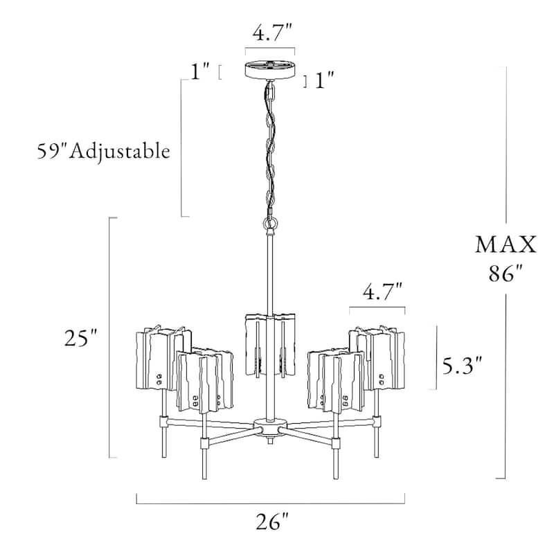 Kasy Modern 5-Light Wheel Chandelier Textured Glass Lights for Dining Room - D 26" x H 86" Max