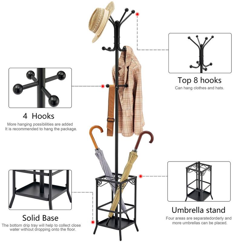 Coat Rack Freestanding,Entryway Coat Hanger Stand,Umbrella Holder,Hall Tree With 12 Hooks,Standing Coat Rack