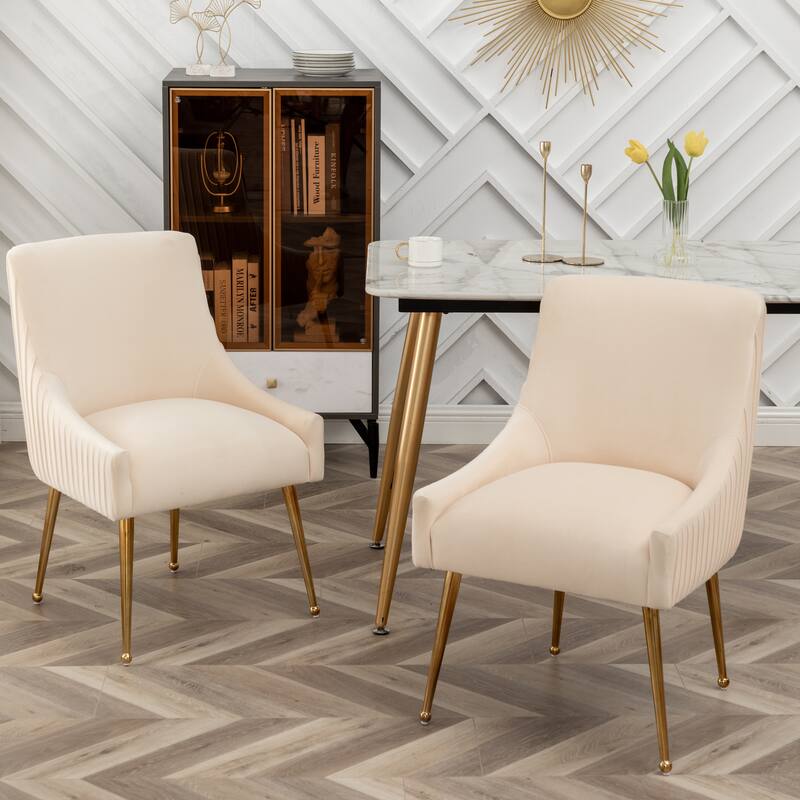 SEYNAR Modern Glam Boucle Pleated Velvet Dining Chair or Vanity Chair Set of 2 with Rear Handle - Beige