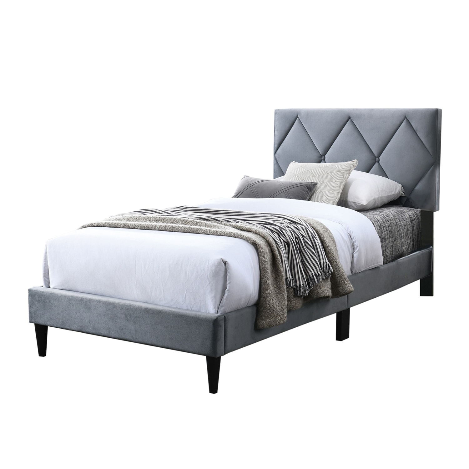 Velvet Upholstered Adjustable Headboard Twin Bed with Tufting Design