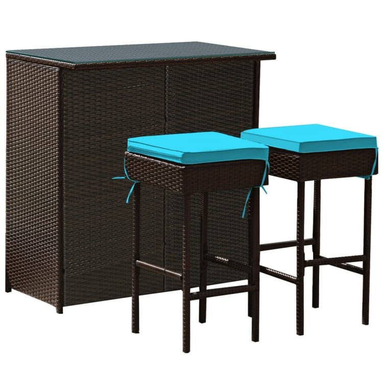 3-Piece Patio Rattan Wicker Bar Set with 2 Cushioned Stools for Outdoor Entertaining - 40" x 24" x 41.5" (L x W x H)