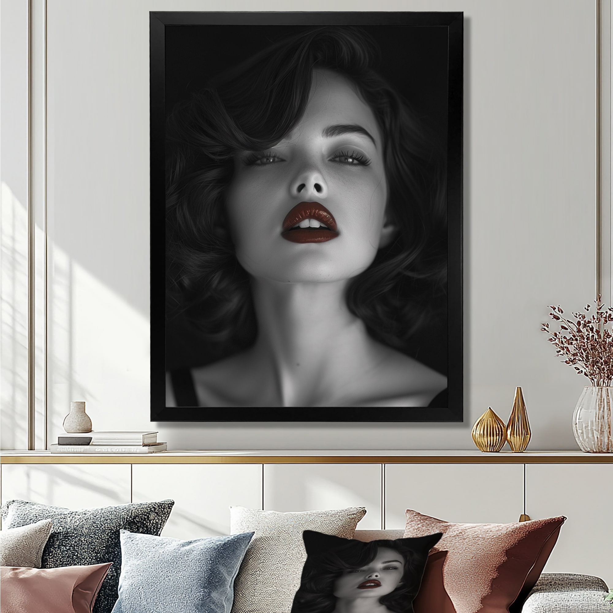 Designart "Black And White Woman Portrait With Red Lips Color III" Fashion Woman Framed Wall Art Modern Wall Art Print