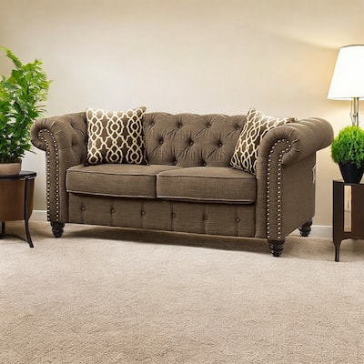 HomeRoots 67" Brown And Dark Brown Linen Loveseat - 67.00 in. x 30.00 in. x 33.00 in.