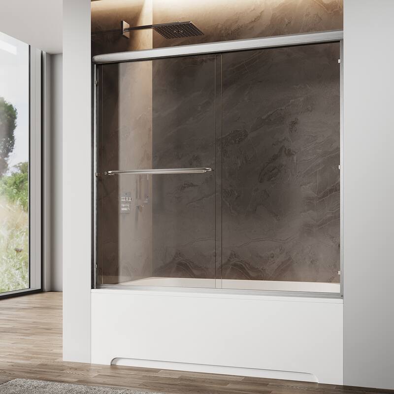 Elegant Double Sliding Shower Door Brushed Nickel Finish Framed With 1/4 inch Clear Tempered Glass