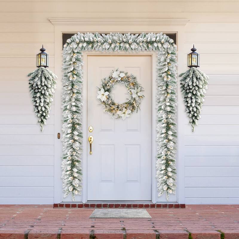 Glitzhome 3ft Pre-Lit Flocked White Poinsettia and Berries Christmas Teardrop