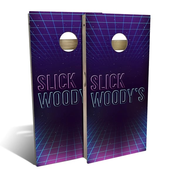 slide 2 of 9, 80s Neon Logo Outdoor Cornhole Board Set Backyard 2x4 - NO Accessories