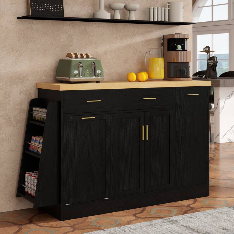 Multi-Functional Storage Sideboard Kitchen Island with Hidden Trash Can and Adjustable Spice Rack