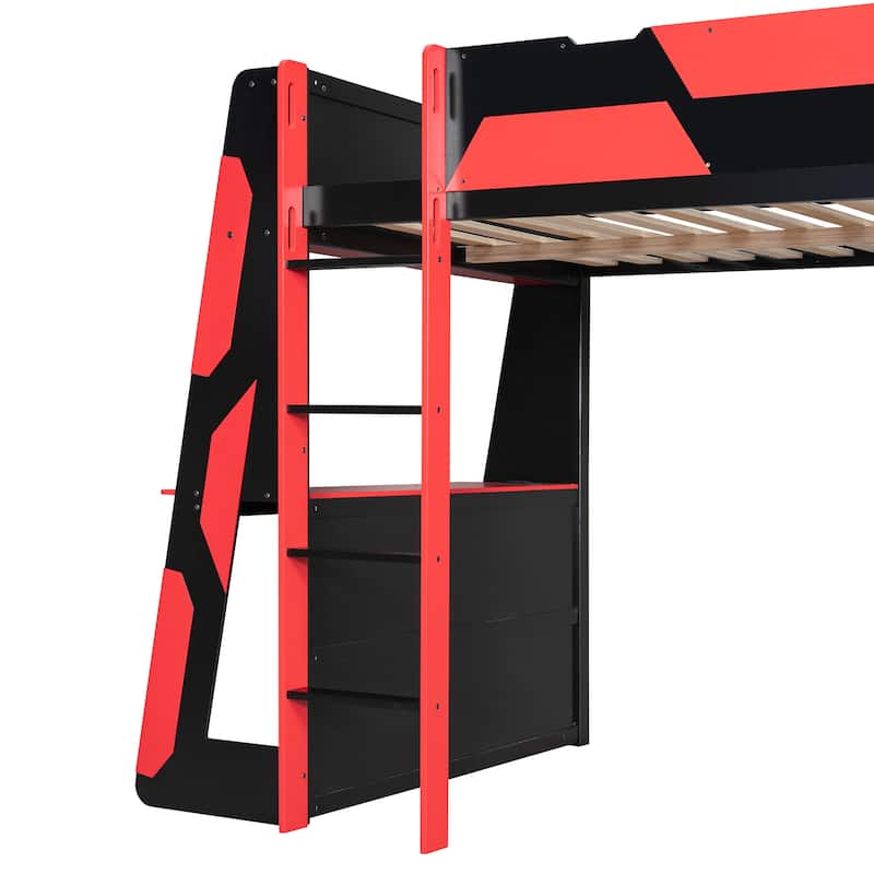 Full Size Gaming Loft Bed Station with Desk, Storage Shelves & RGB LED Lights