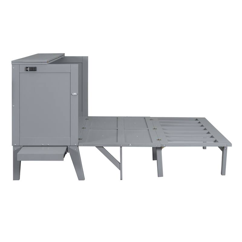 Queen Size Foldable Murphy Bed Convertible Wall Cabinet Bed with USB Ports, Dual Power Outlets and Sliding Side Tables