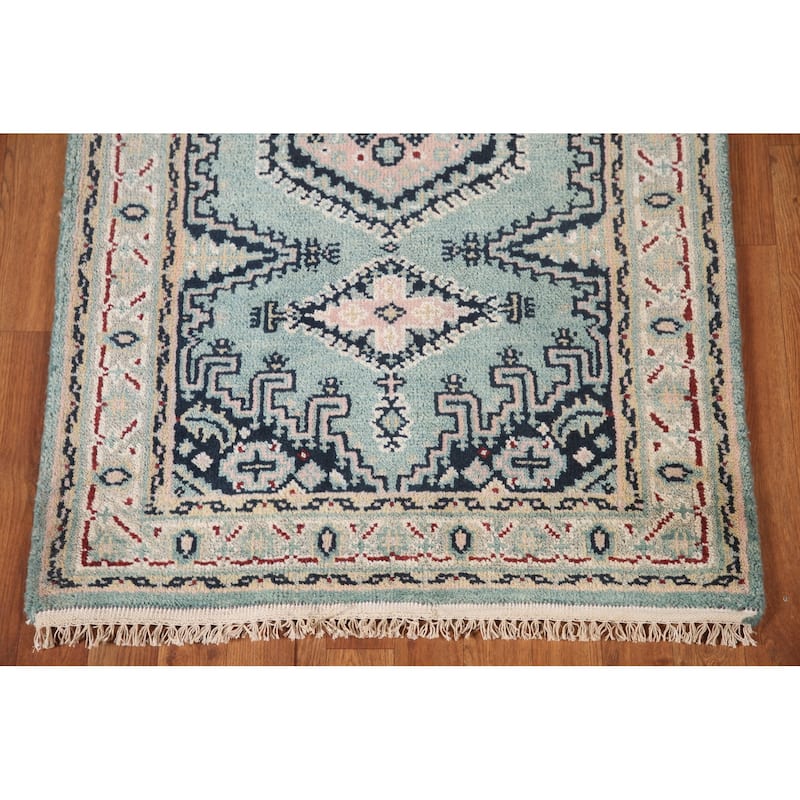 Geometric Heriz-Serapi Accent Rug Hand-Knotted Green Wool Carpet - 3'0"x 4'11"