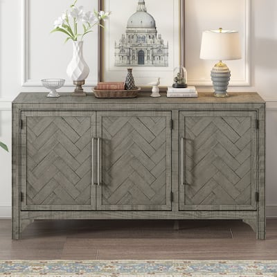 Wooden 3 Door Storage Cabinet with Woven Stripe Door, Buffet Cabinet Accent Cabinet with Adjustable Shelves & Iron Handle