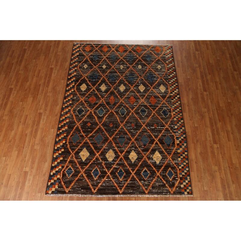 Hand Knotted Oriental 100% Wool Carpet Modern Tribal Brown Moroccan Area Rug - 9' 9'' X 6' 9''