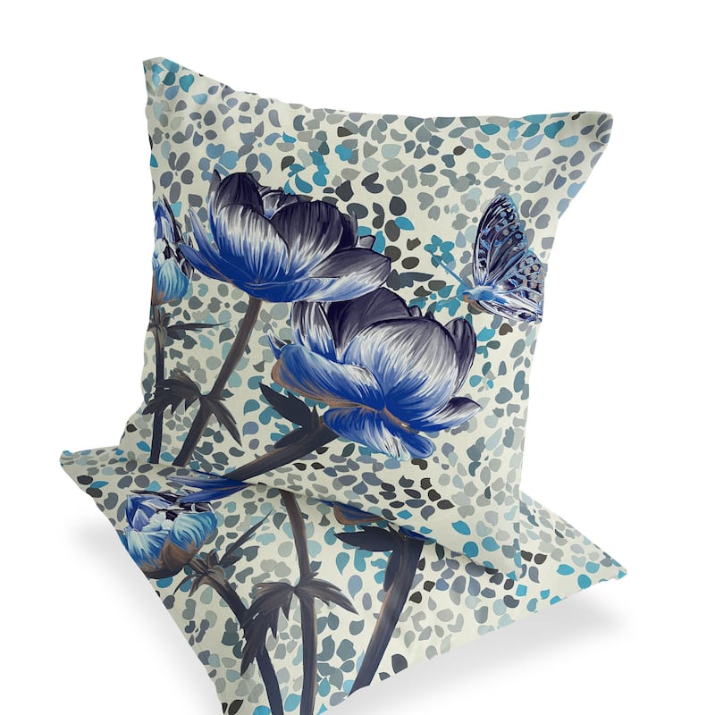 HomeRoots Set of Two 16" X 16" Blue and Green Butterfly Blown Seam Floral Indoor Outdoor Throw Pillow - 16.00' X '16.00' X '5.00