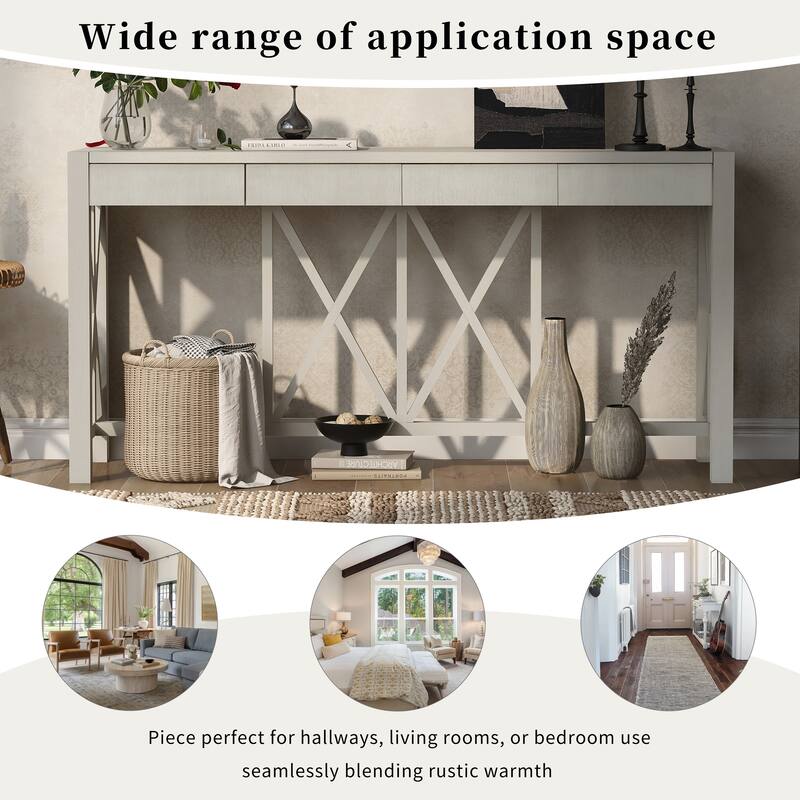 Acacia Veneer Console Table Entryway Table with 4 Drawers and X-Leg, Farmhouse Sofa Table with Open Bottom Storage