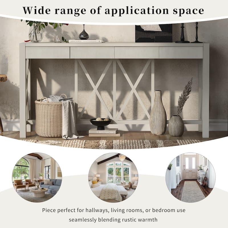 Modern Long Console Table with 4 Drawers, Crisscross Design Narrow Sofa Table, Entryway Display Table