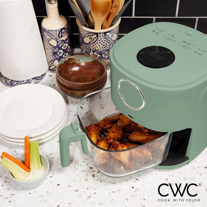 COOK WITH COLOR 1200W Air Fryer: Glass Basket, Dishwasher Safe, 60min Timer, 6 Presets, Temp Control 175F-400F, 4 - 5.5 QT