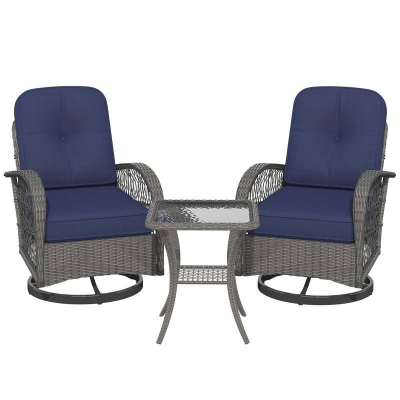 EROMMY Outdoor 3 Pieces Swivel Rocker Patio Chair Sets with Glass Table, All-Weather Wicker & Thickened Cushions for Backyard