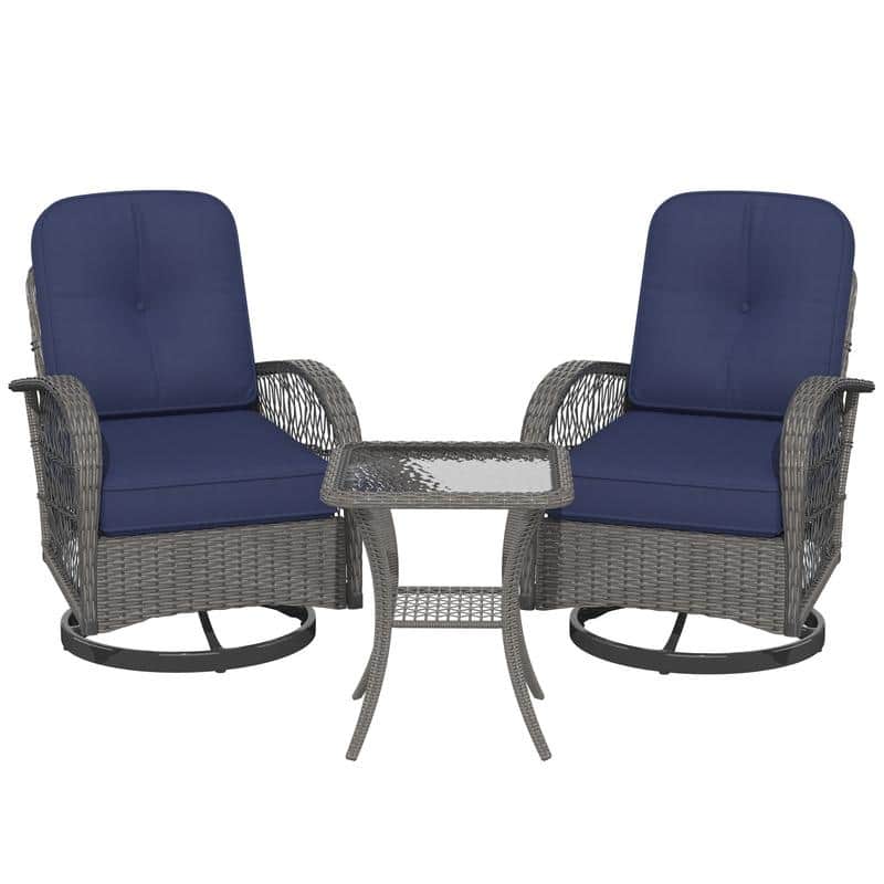 Outdoor Swivel Rocker Bistro Set - 3 Piece Wicker Patio Set with Swivel Rocking Chairs, Cushions, and Tempered Glass Side Table