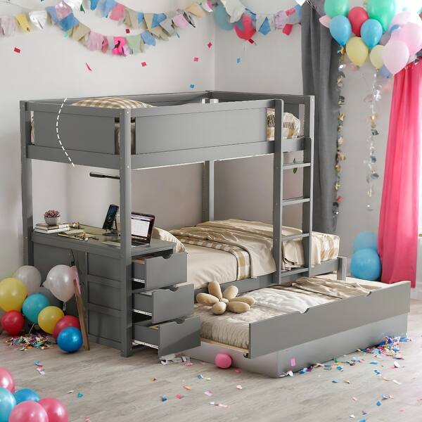 slide 2 of 9, Modren Twin over Twin Bunk Bed With Twin size Trundle,Storage And Desk,Solid Construction for Bedroom Grey