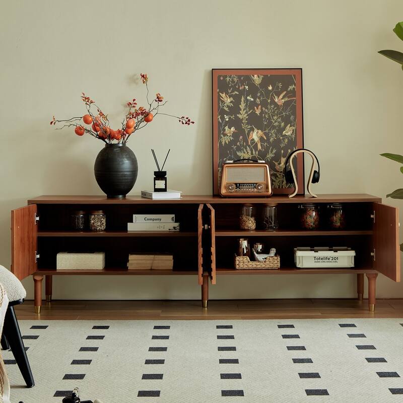 Mid-Century Modern TV Stand-Walnut Entertainment Center with 4 Storage Cabinets, Fits 55+ Inch TVs, Minimalist Design for Living
