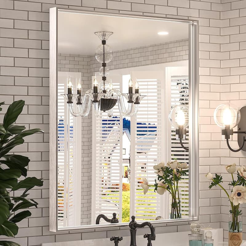 KEONJINN Modern Metal Framed Bathroom Vanity Wall Mounted Mirror - 30x36 - Silver