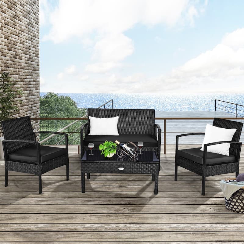 Gymax Set Of 4 Outdoor Patio Rattan Furniture Set Cushioned Sofa