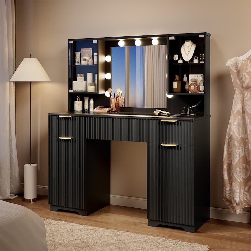 47" Modern Makeup Vanity Desk with Mirror and Large Cabinets, Dressing Table - Black