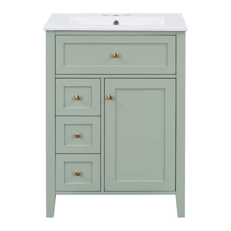 24" Bathroom Vanity with Sink, MDF & Rubberwood Construction, 3 Drawers & Cabinet with Adjustable Shelves