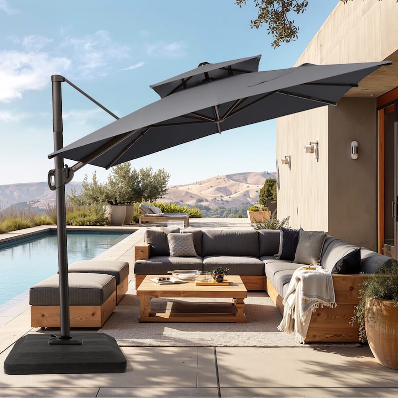 Pellebant 9X11FT Outdoor Dual Top Patio Umbrella Cantilever Offset with Base