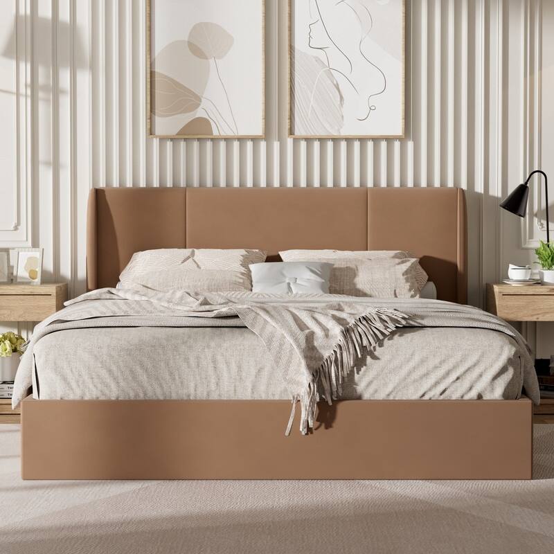 Modern Minimalist Upholstered Storage Bed with Lift-Up Platform - Brown - Full