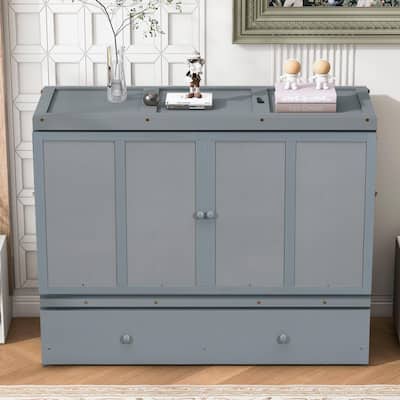 Queen Size Murphy Bed Cabinet with USB Charging Ports and Storage Drawer, Foldable Space-Saving Design with Pine Wood Frame