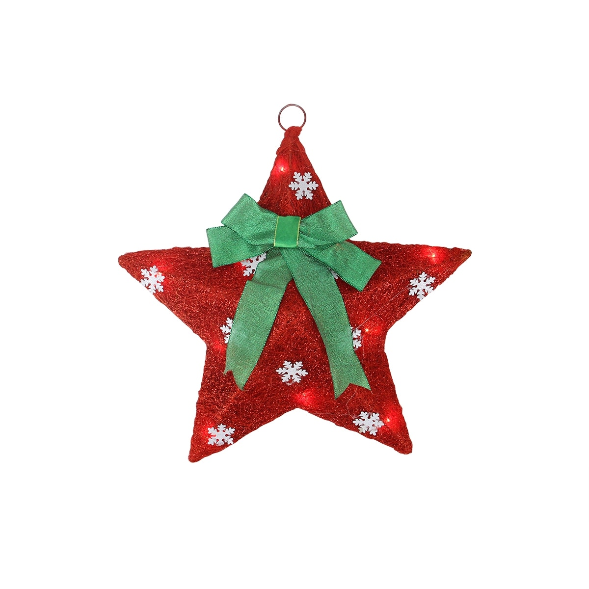 17" Pre-Lit Green and Red Hanging Christmas Star Window Decor with Bow