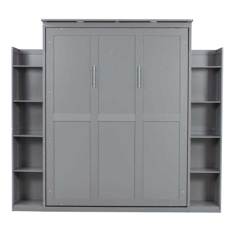 Solid Wood Murphy Wall Bed w/ LED Lights & Open Storage Shelves, Full/Queen Size Folding Murphy Cabinet Bed, Space Saving Design