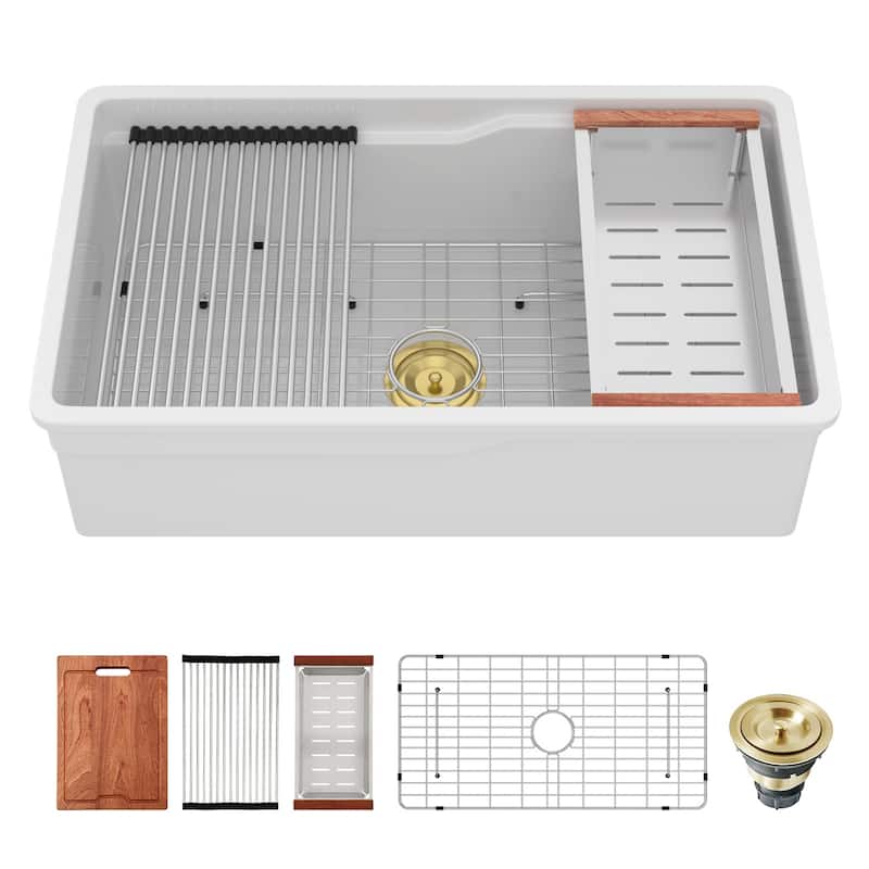 Kichae 32 Inch Ceramic Sink Undermount Workstation Single Bowl Kitchen Sink with Accessories - 32 in.W x 19 in.D x 10 in.H - Golden Basket Strainer