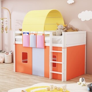 Twin Size Solid Wood Loft Bed with Tent and Tower