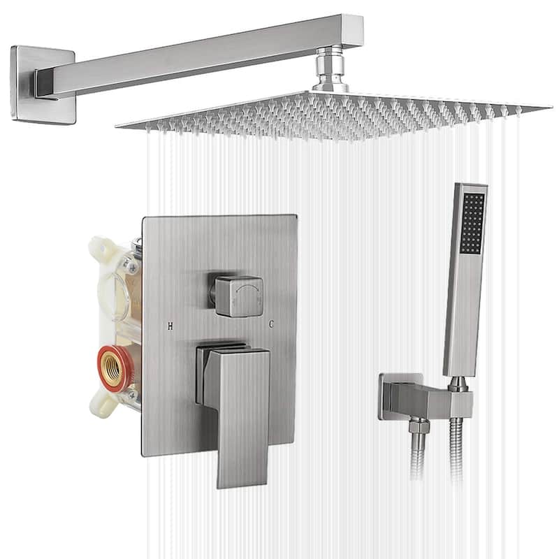 WIZ Wall Mount Rectangle Shower Head with Hand Shower Faucet - Brushed Nickel