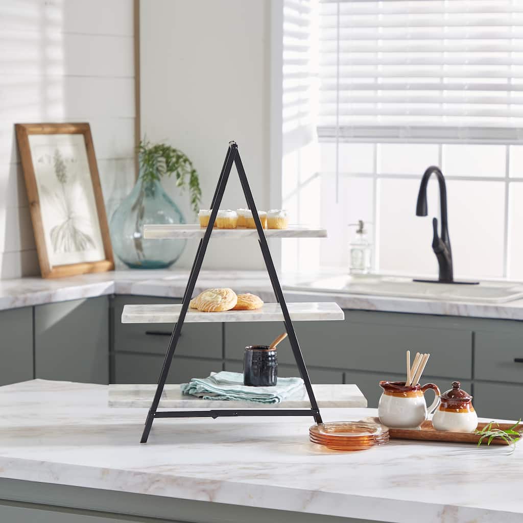 White Marble Contemporary Tiered Server 23 x 20 x 9 - 20 x 9 x 23