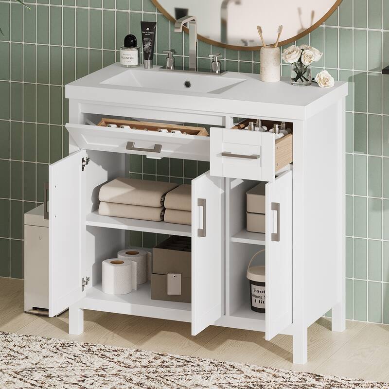 36" Black Bathroom Vanity Cabinet with Resin Integrated Sink - 2 Drawers, 3 Doors
