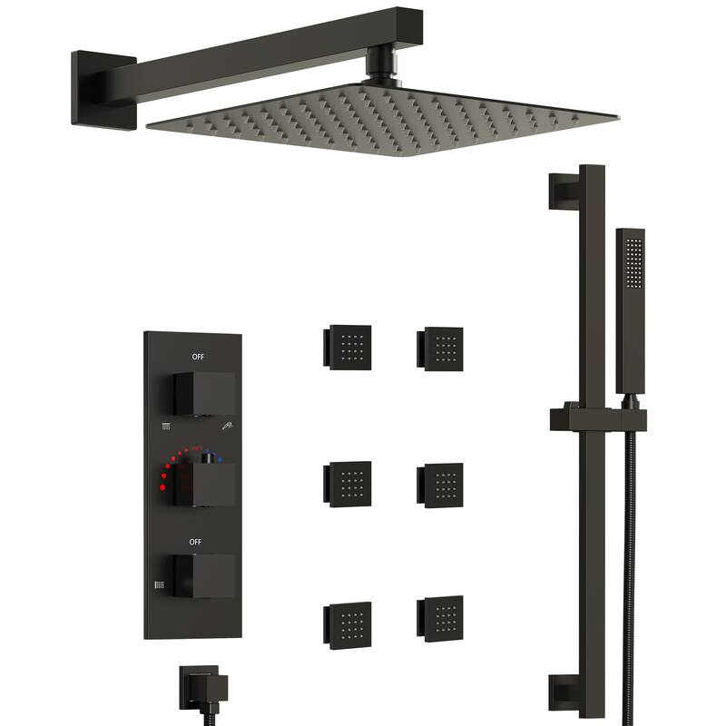 Thermostatic Shower System 12" High-Pressure Rainfall Shower Head with Slide Bar Hand Shower - Matte Black