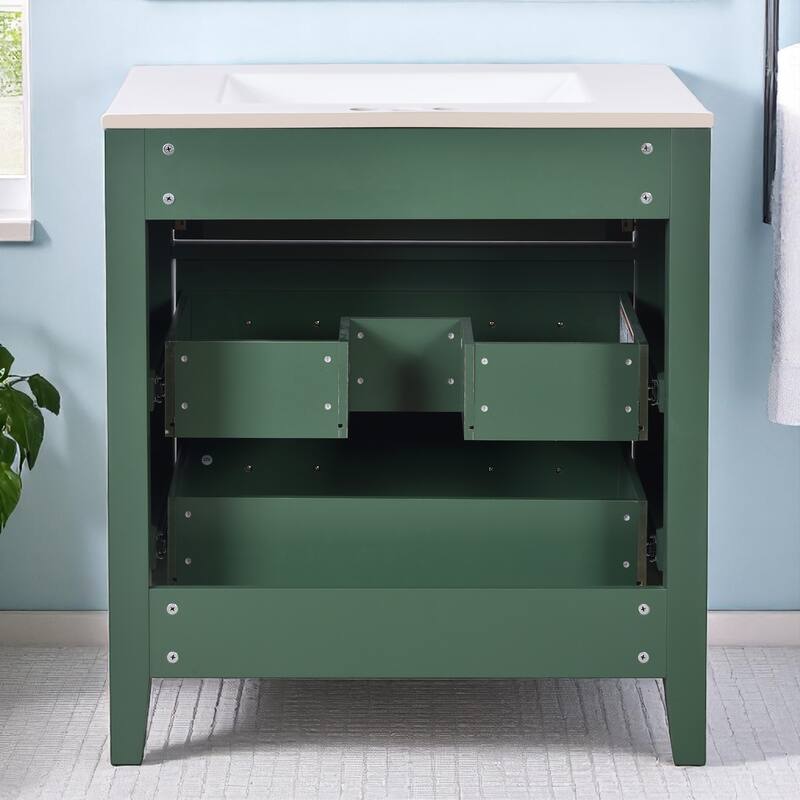 30" Bathroom Vanity with Ceramic Sink, 3 Drawers, Solid Wood Frame,Retro Cabinet, Pre-Drilled for 4" Faucet, Storage Organizer