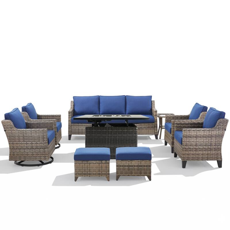 Glissia 9-Piece Gray Wicker Fire Pit Conversation Set with height-adjustable fire pit