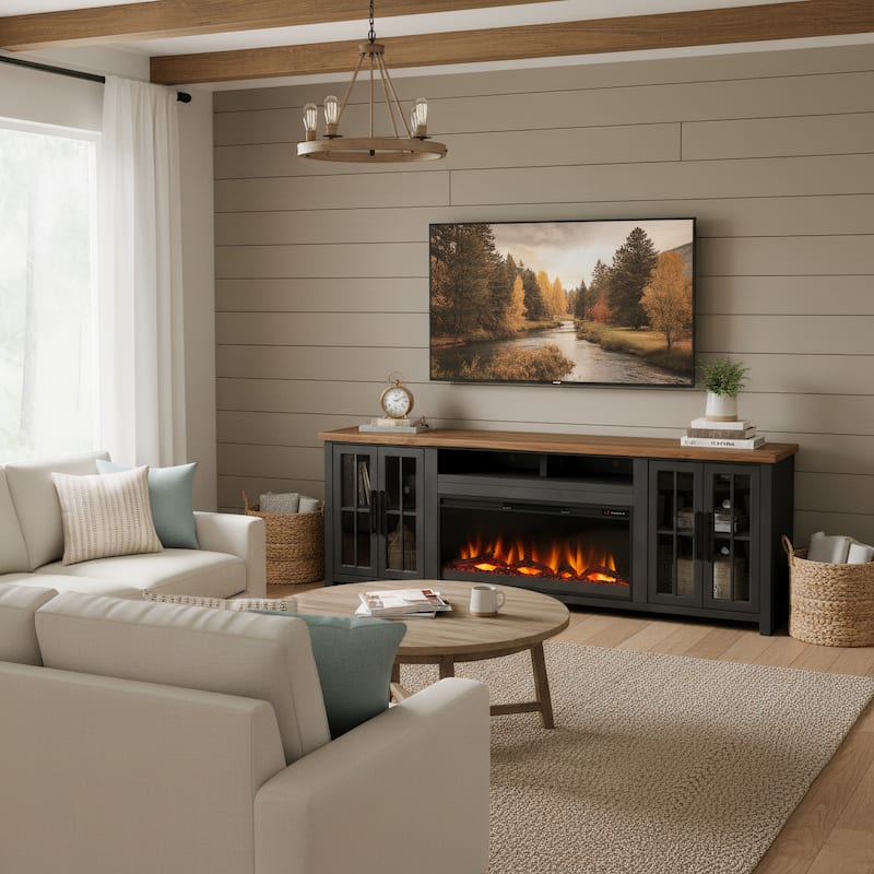 Bridgevine Home Modern Farmhouse 97 inch Fireplace TV Console for TVs up to 100 inches, Two-Tone Finish