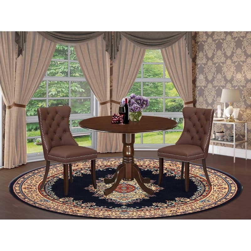 3-Piece Mahogany Finish Solid Wood Top-Round Upholstered Dining Room Set -Seats 4