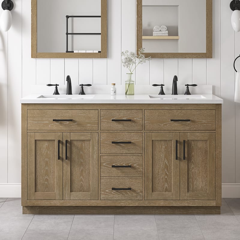 OVE Bailey Bathroom Vanity with Power Bar - 60" - Driftwood Oak with Matte Black Hardware