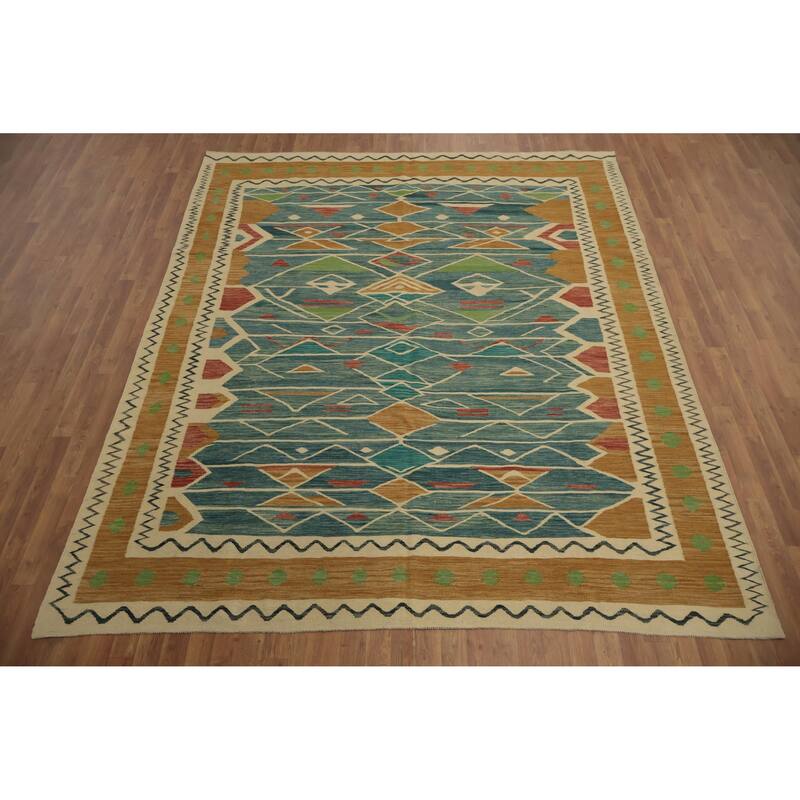 Hand Woven Oriental 100% Wool Carpet Southwestern Tribal Navy Blue & Blues Kilim Area Rug - 9' 9'' X 8' 3''